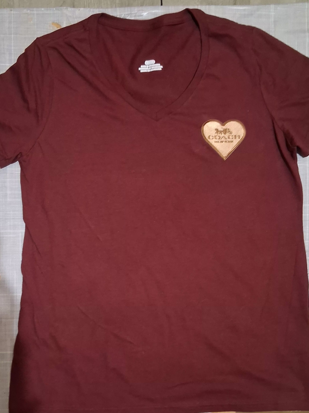 Coach Maroon V-Neck T-Shirt with Gold Heart Logo - Size Medium